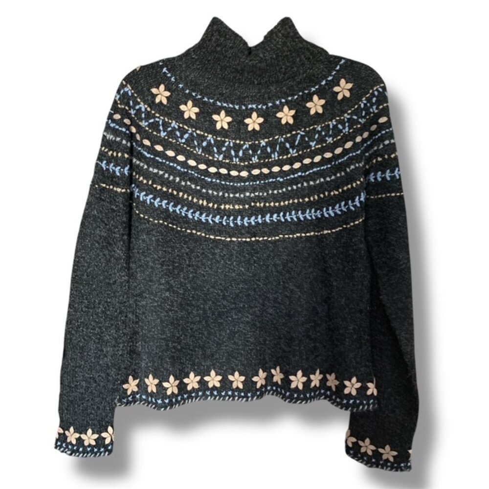 Cousin Johnny Wool Blend Floral Knit Sweater Turtleneck 90's M